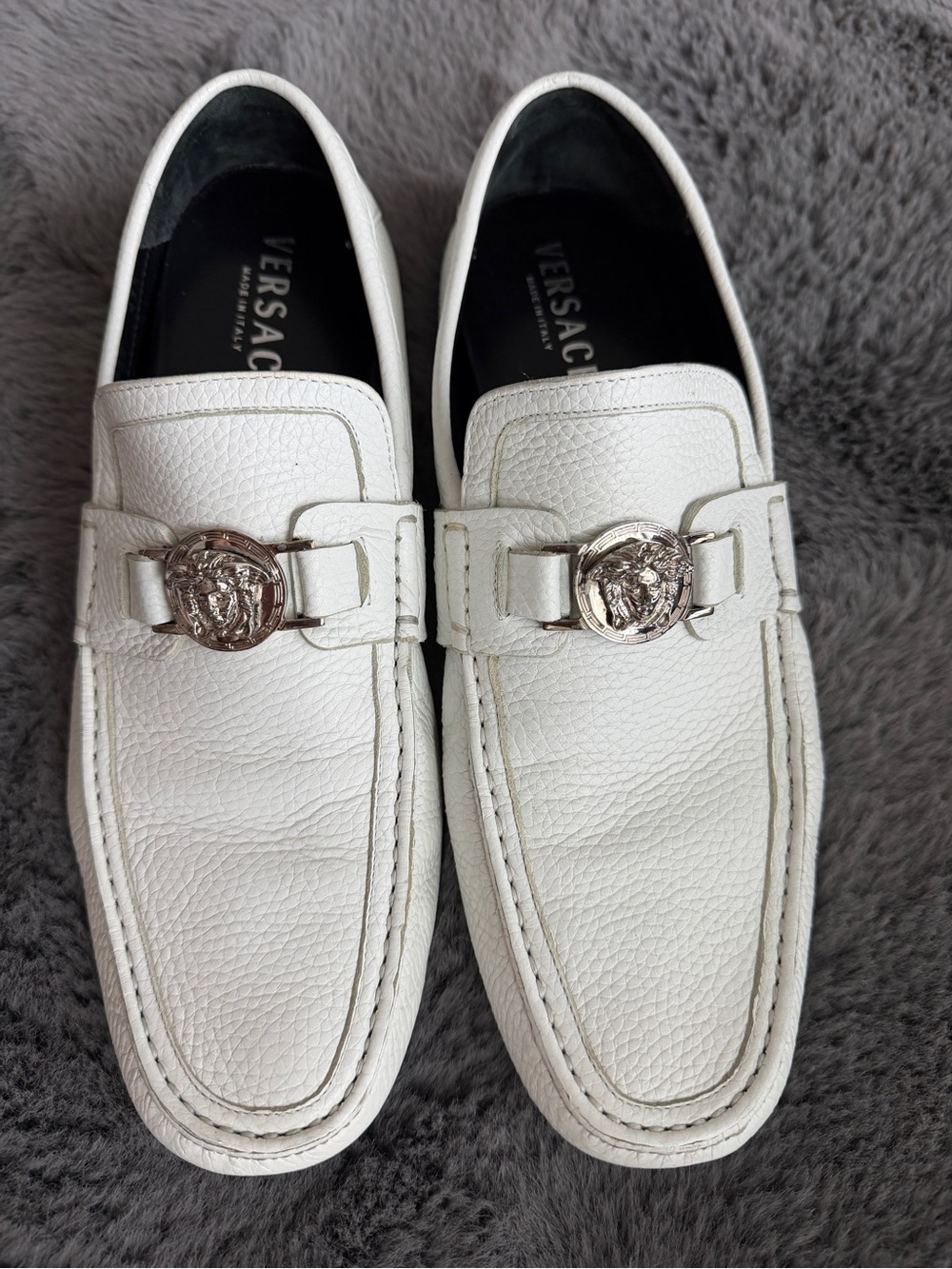 Versace Medusa White Pebbled Leather Slip-On Loafers Men’s US 10.5 EU 43.5